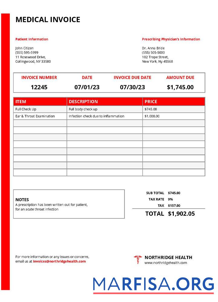 Downloadable USA New York Northridge Health Center medical invoice template